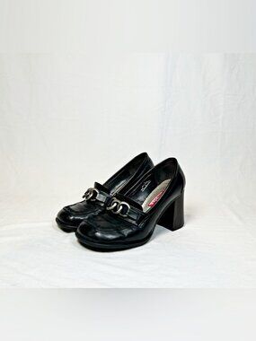 Vintage 90s First Kiss Amelia Black Faux Leather Square Chunky Platform Shoes~10